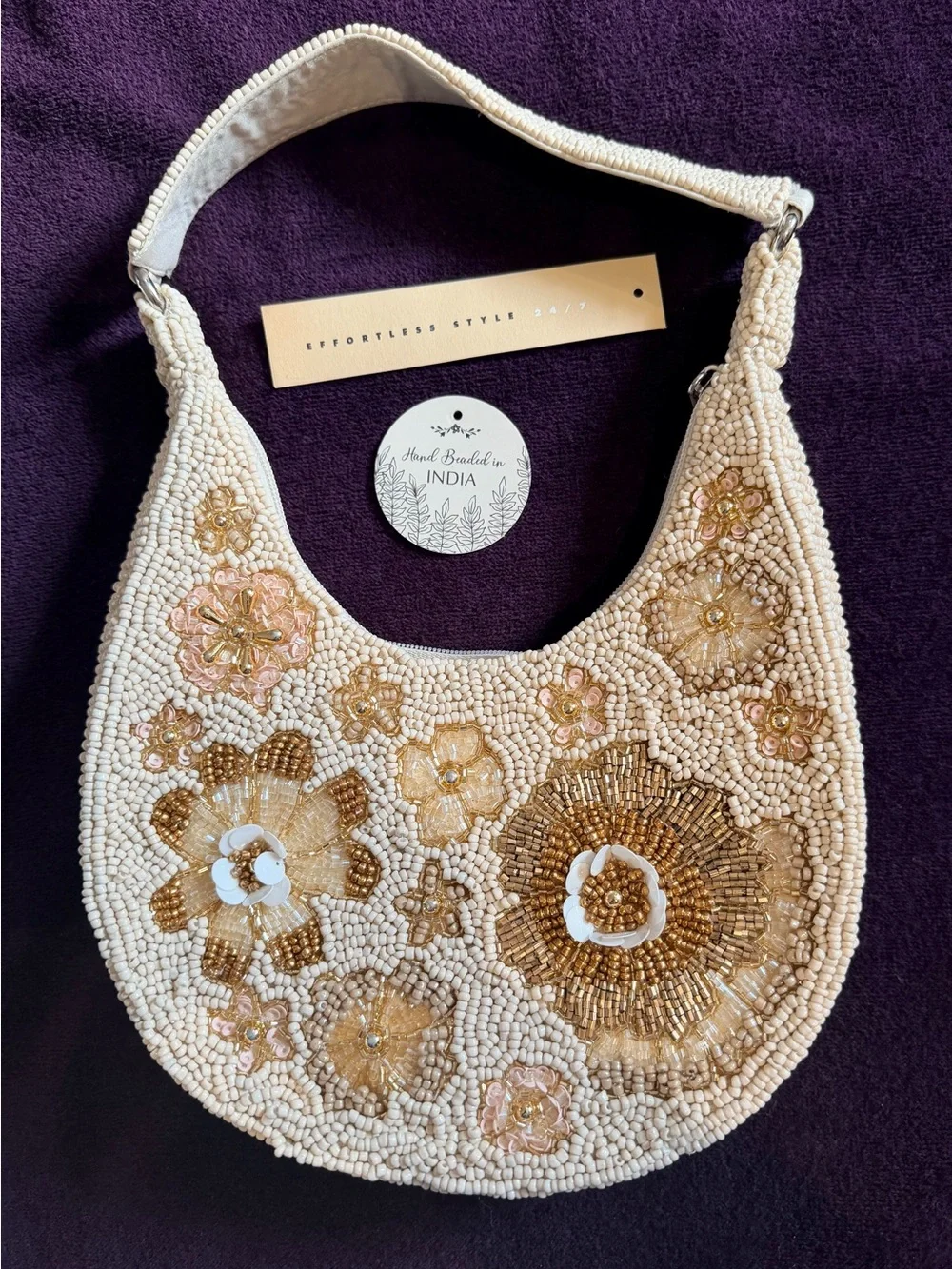 Handmade Beaded Floral Shoulder Bag — Cream